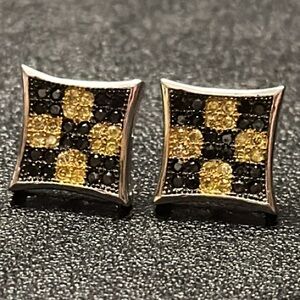 BC 925 Silver Square Kite Hip Hop Yellow & Black CZ Post Earrings NWOT